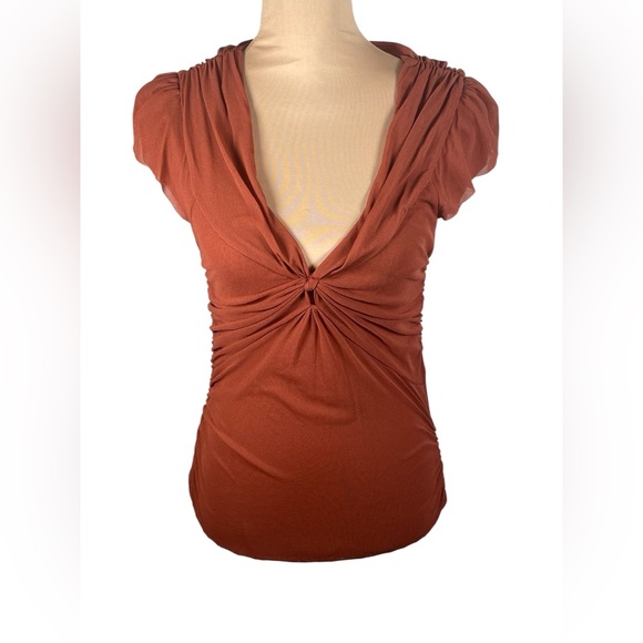 Anthropologie Ric Rac Brown Orange Ruched Cap Sleeve Blouse Medium - Picture 1 of 8